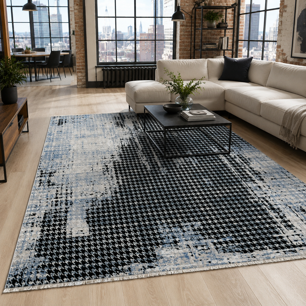 Tapis Abstrait Bleu Marine Lavable Milos, vue principale