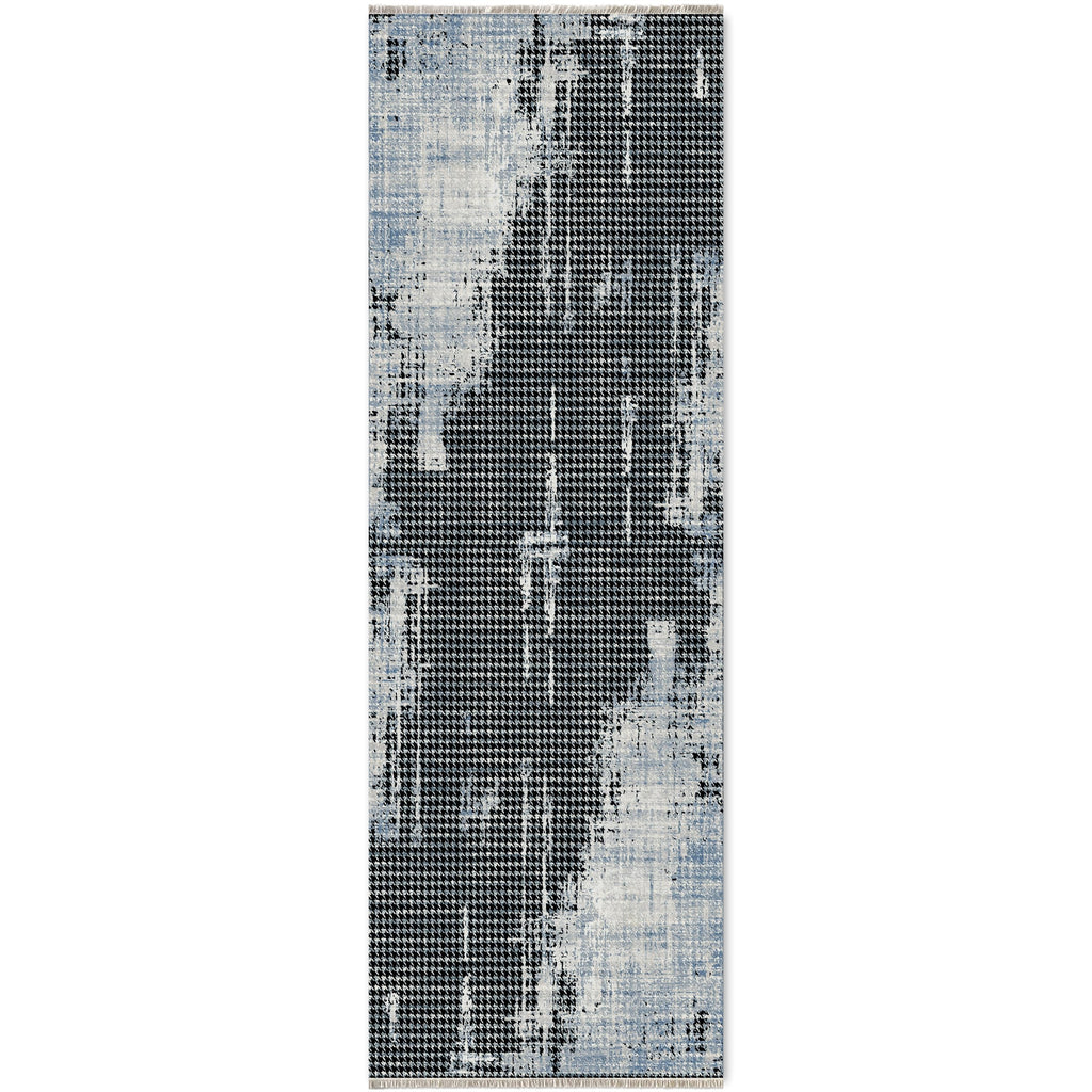 Détail du motif du tapis abstrait bleu marine lavable Milos