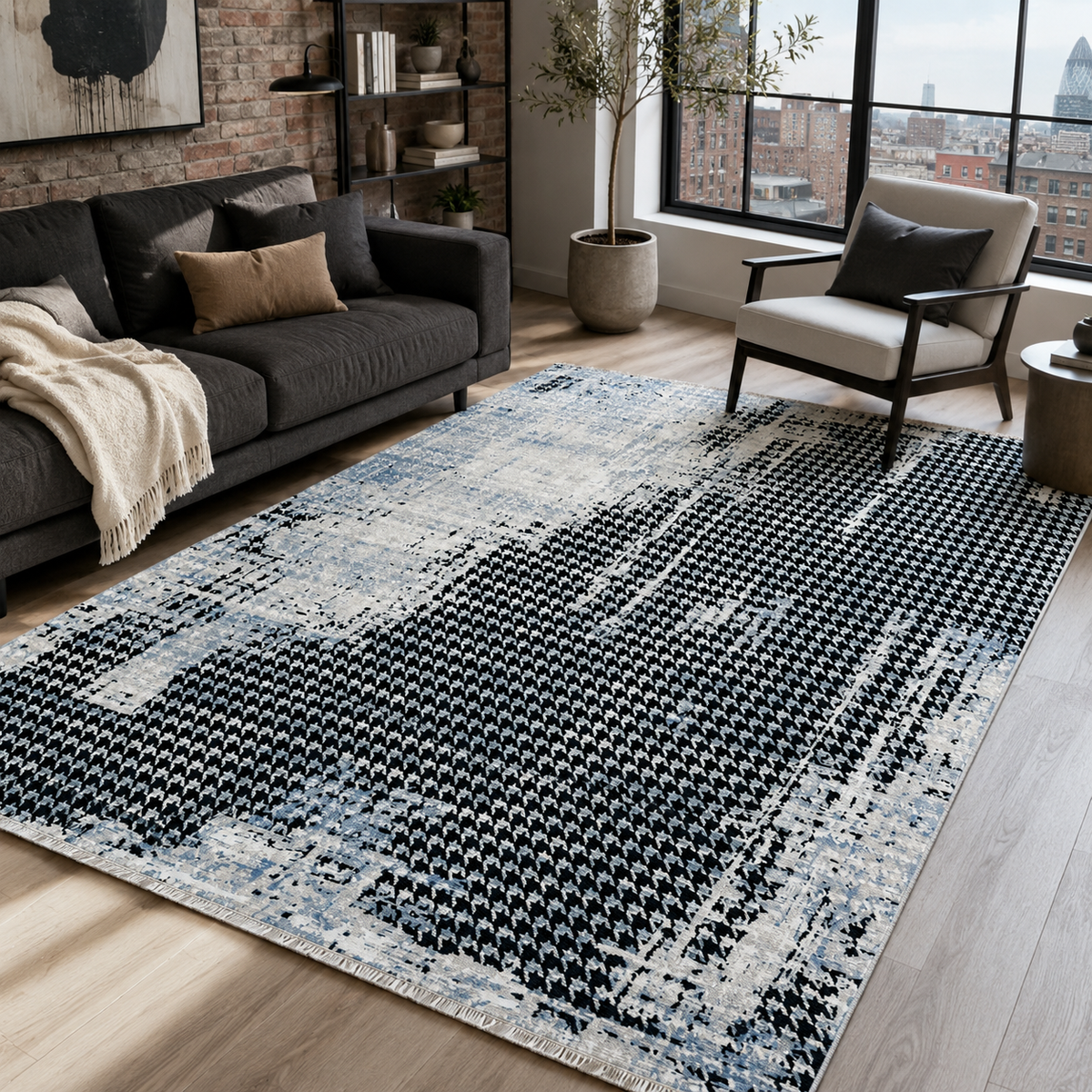 Tapis Abstrait Bleu Marine Lavable Milos, vue 3