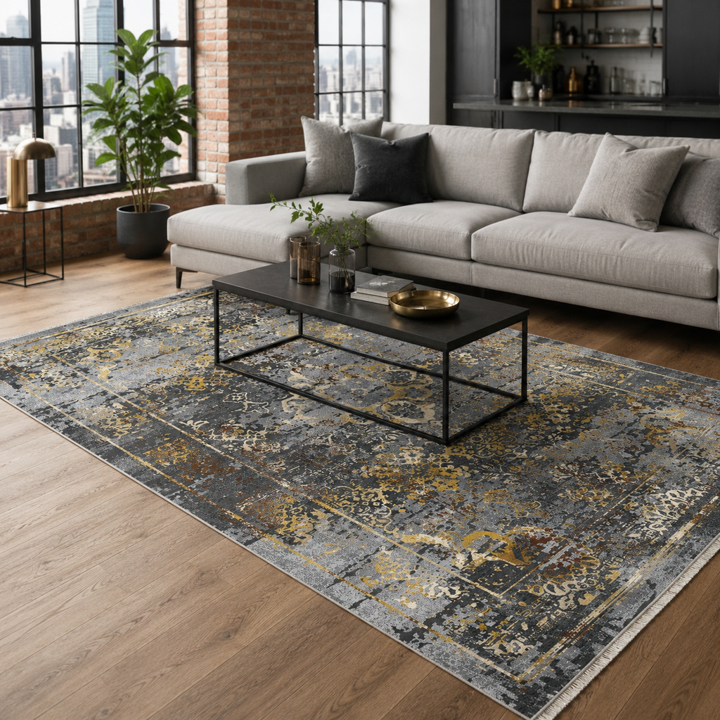 Tapis Ethnique Vintage Gris Lavable Eva, vue principale