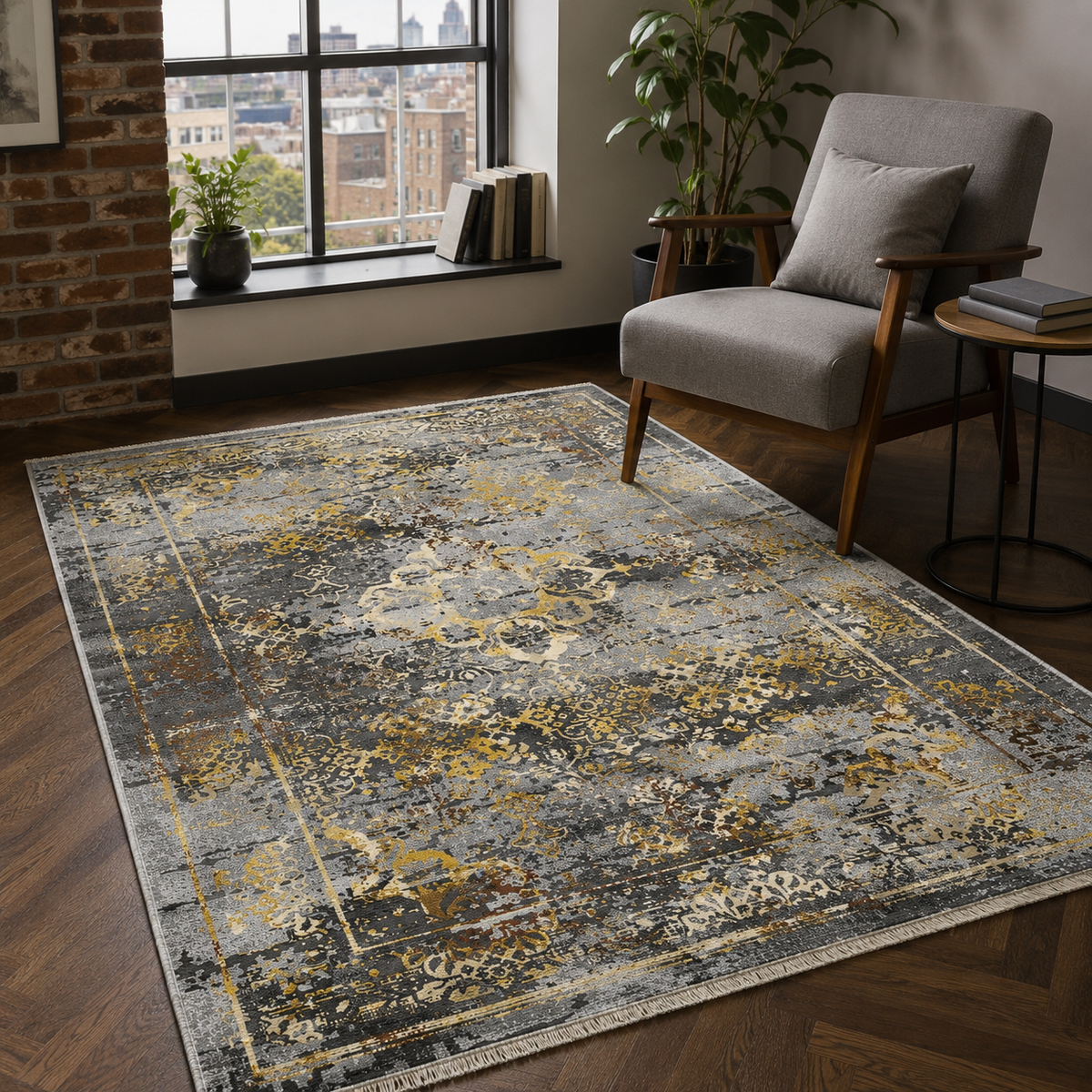 Tapis Ethnique Vintage Gris Lavable Eva, vue 8
