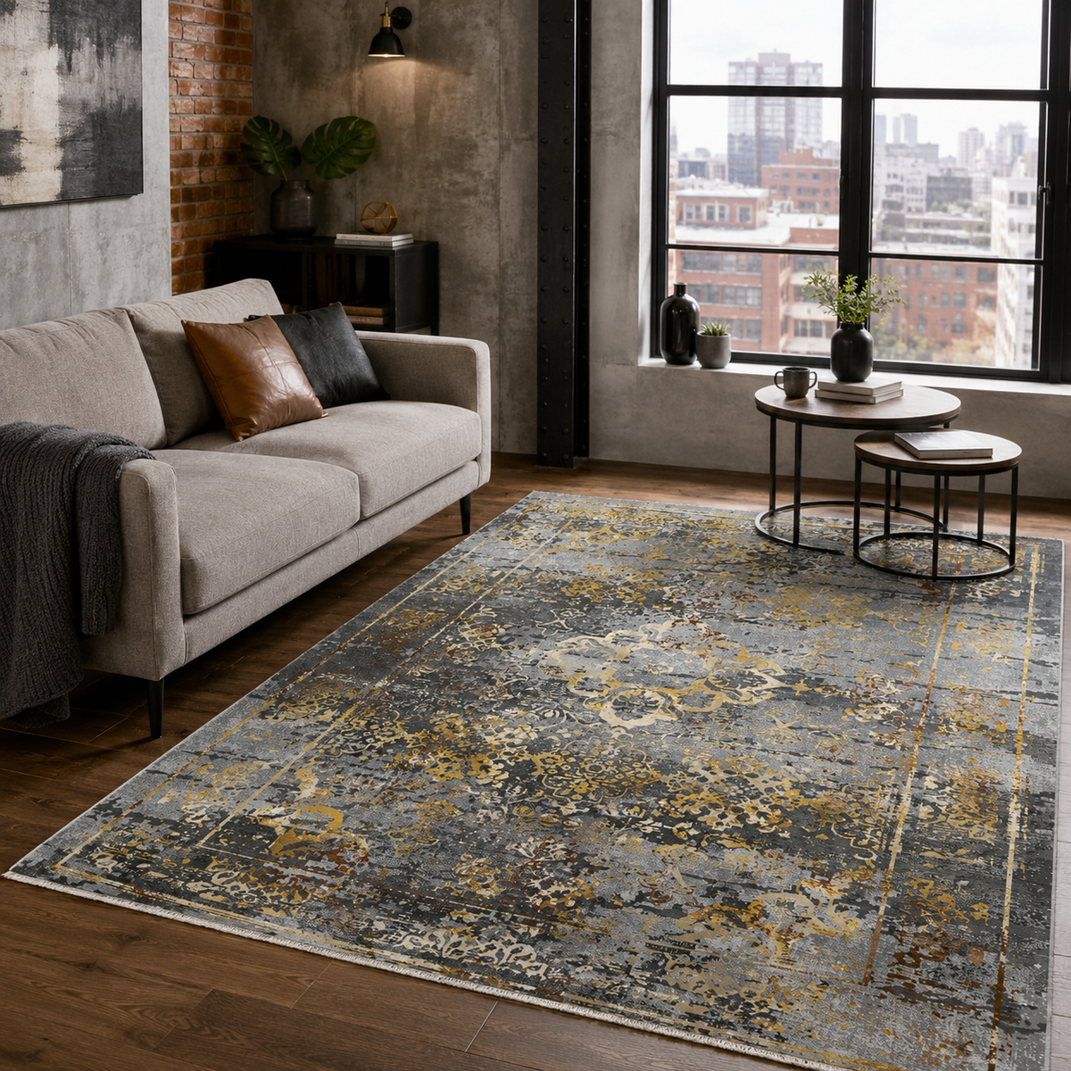 Tapis Ethnique Vintage Gris Lavable Eva, vue 9