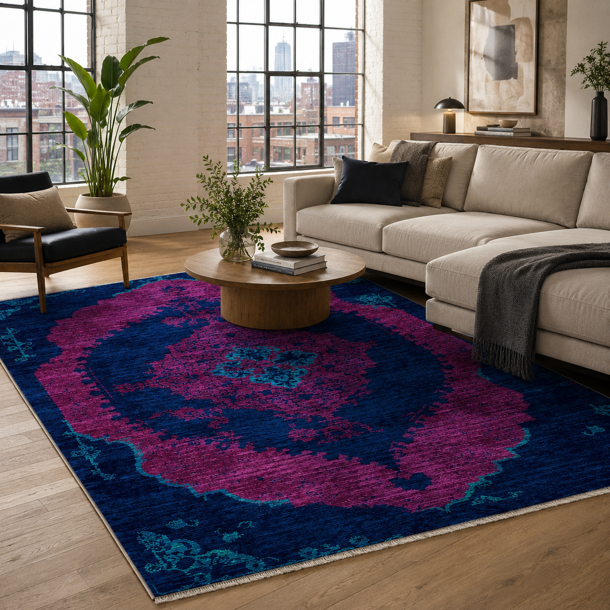 Tapis Classique Vintage Bleu Marine Lavable Sabine, vue principale