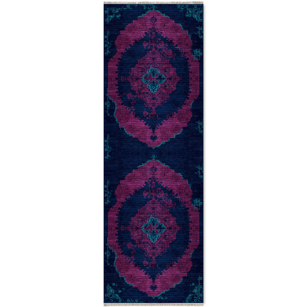 Détail du motif du tapis classique vintage bleu marine lavable Sabine