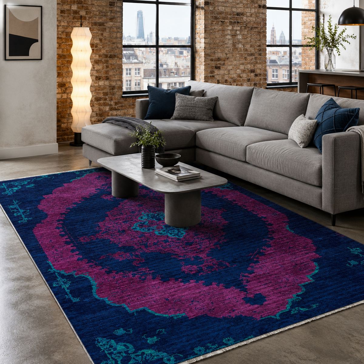 Tapis Classique Vintage Bleu Marine Lavable Sabine, vue 3