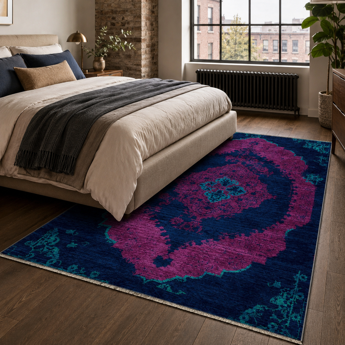 Tapis Classique Vintage Bleu Marine Lavable Sabine, vue 4