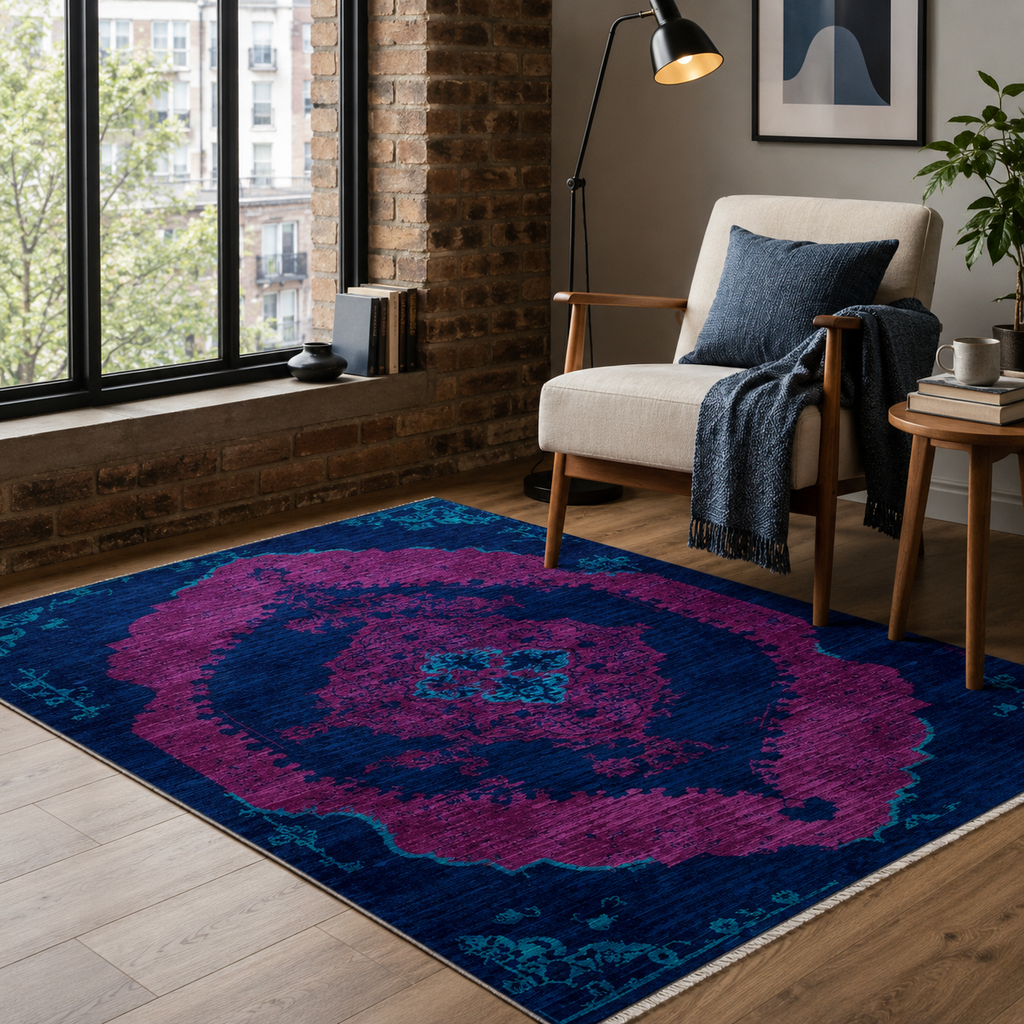 Tapis Classique Vintage Bleu Marine Lavable Sabine, vue 5