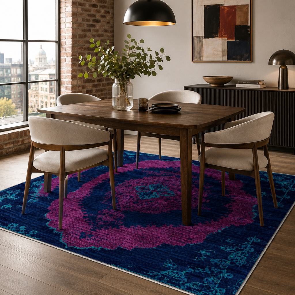 Tapis Classique Vintage Bleu Marine Lavable Sabine, vue 6