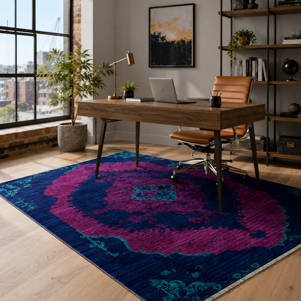 Tapis Classique Vintage Bleu Marine Lavable Sabine, vue 7