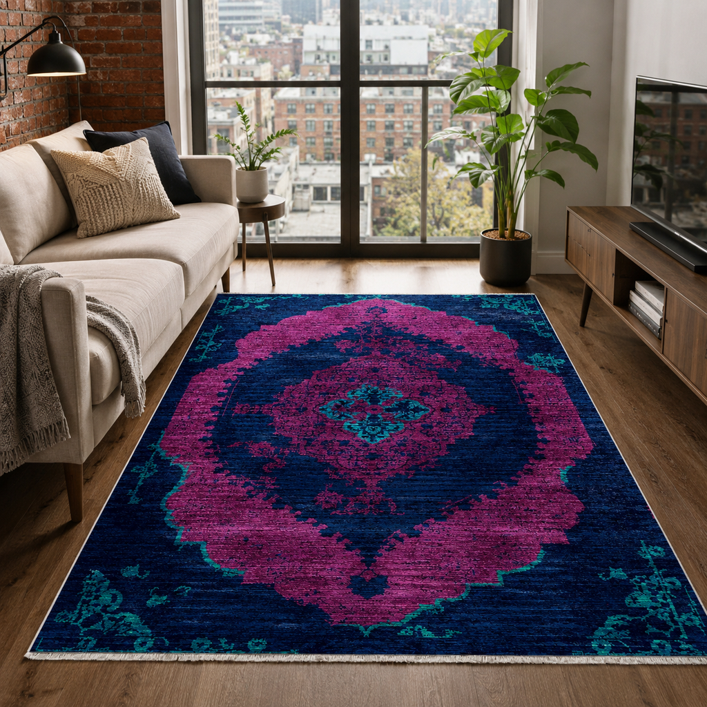 Tapis Classique Vintage Bleu Marine Lavable Sabine, vue 8