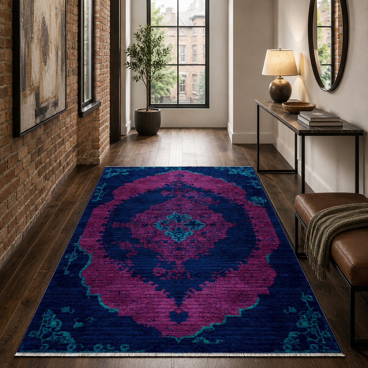 Tapis Classique Vintage Bleu Marine Lavable Sabine, vue 9