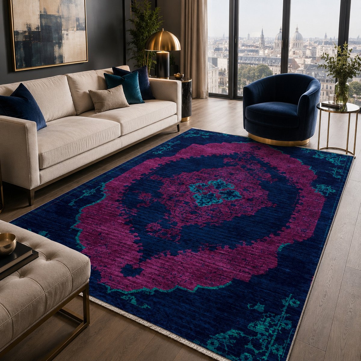 Tapis Classique Vintage Bleu Marine Lavable Sabine, vue 10