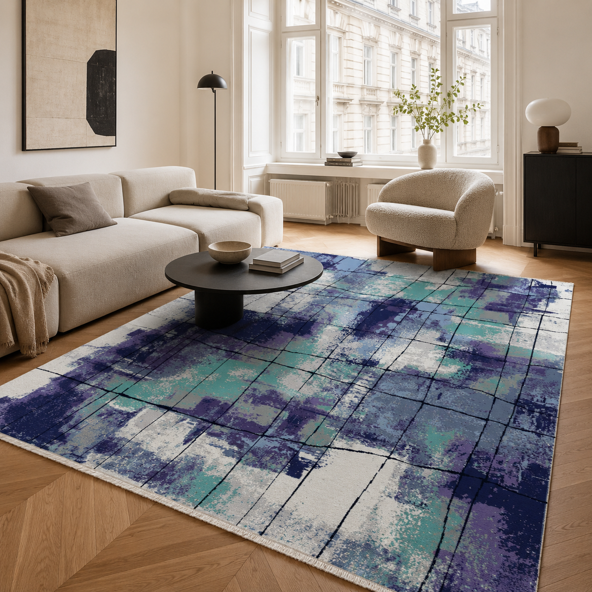 Tapis Moderne Bleu Marine Lavable Danaé, vue 10
