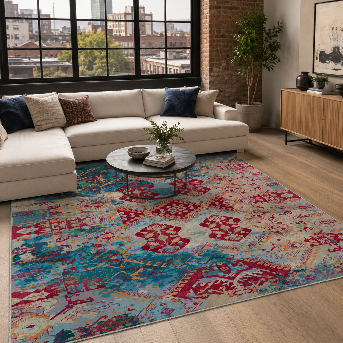 Tapis Ethnique Bordeaux Lavable Calista, vue principale