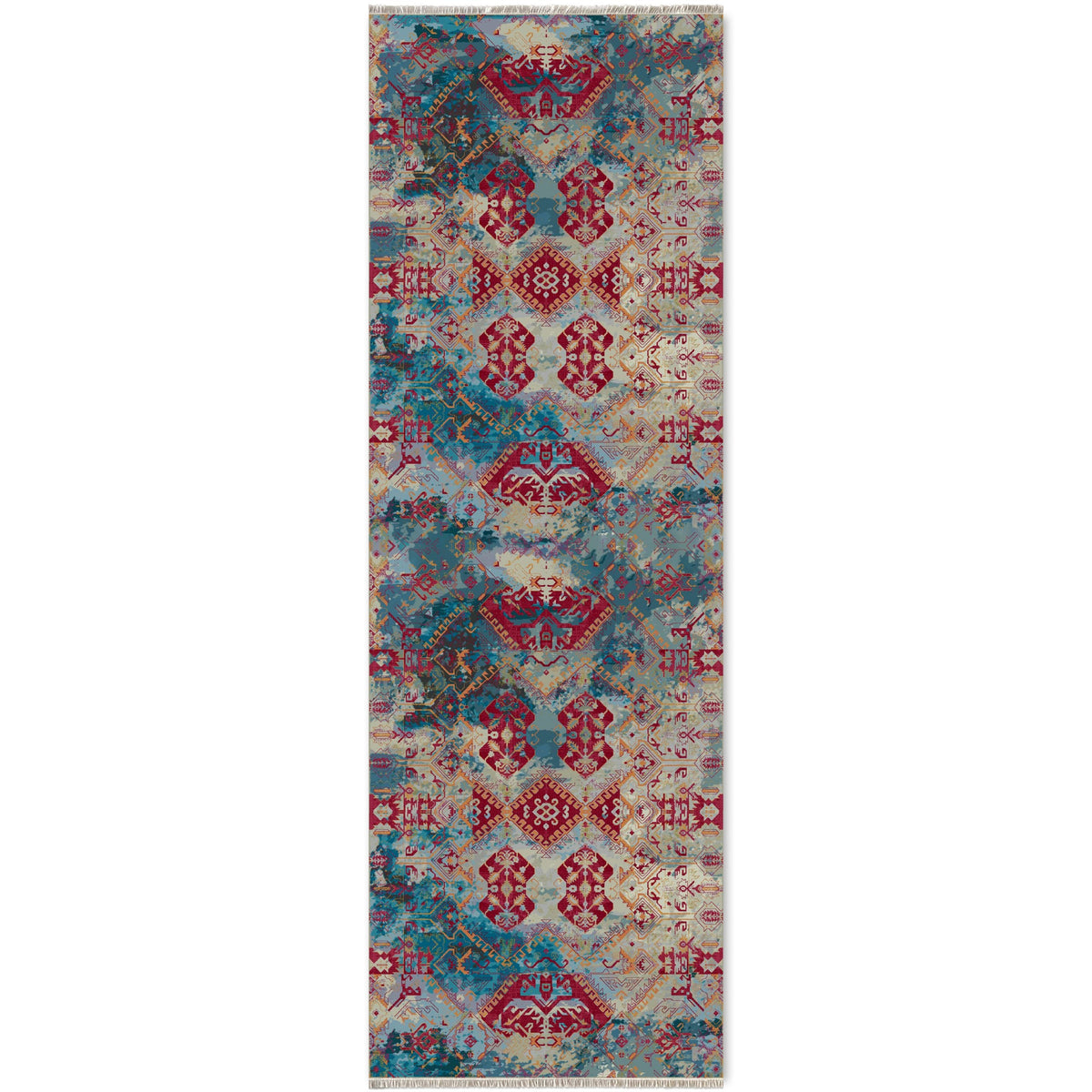 Détail du motif du tapis ethnique bordeaux lavable Calista