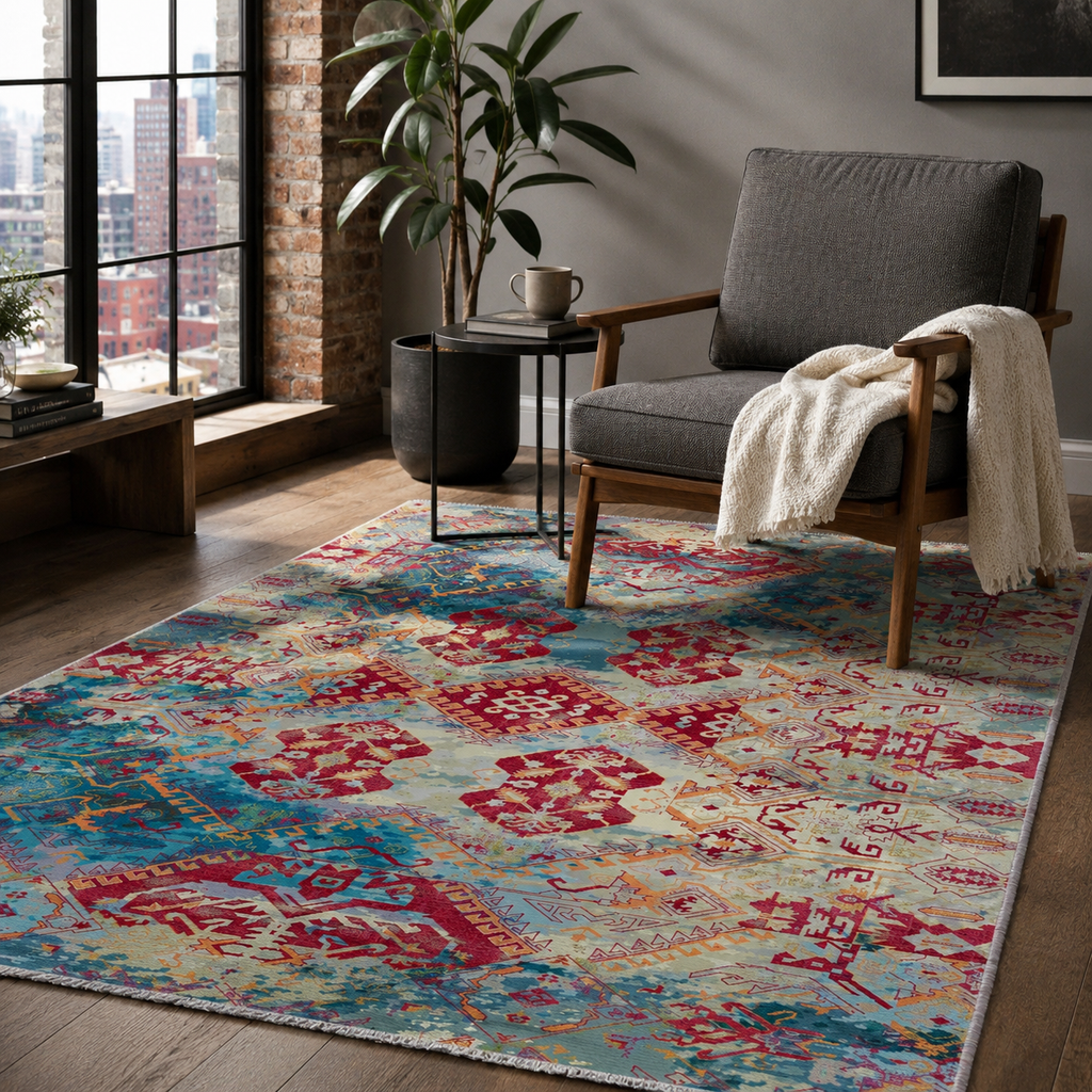 Tapis Ethnique Bordeaux Lavable Calista, vue 5