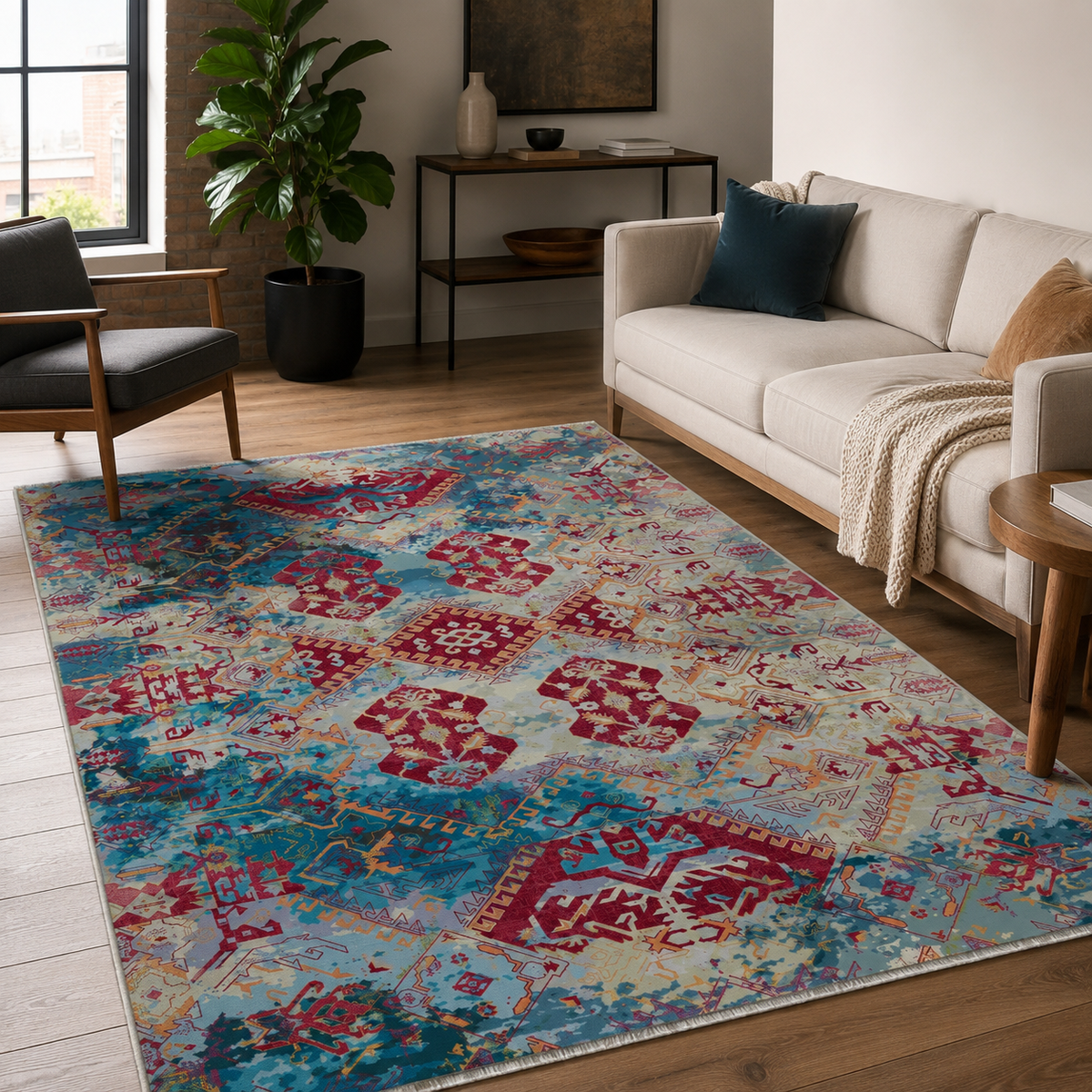 Tapis Ethnique Bordeaux Lavable Calista, vue 10