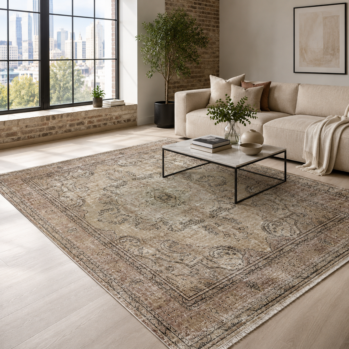 Tapis Ethnique Vintage Bleu Marine Lavable Camélia, vue 3