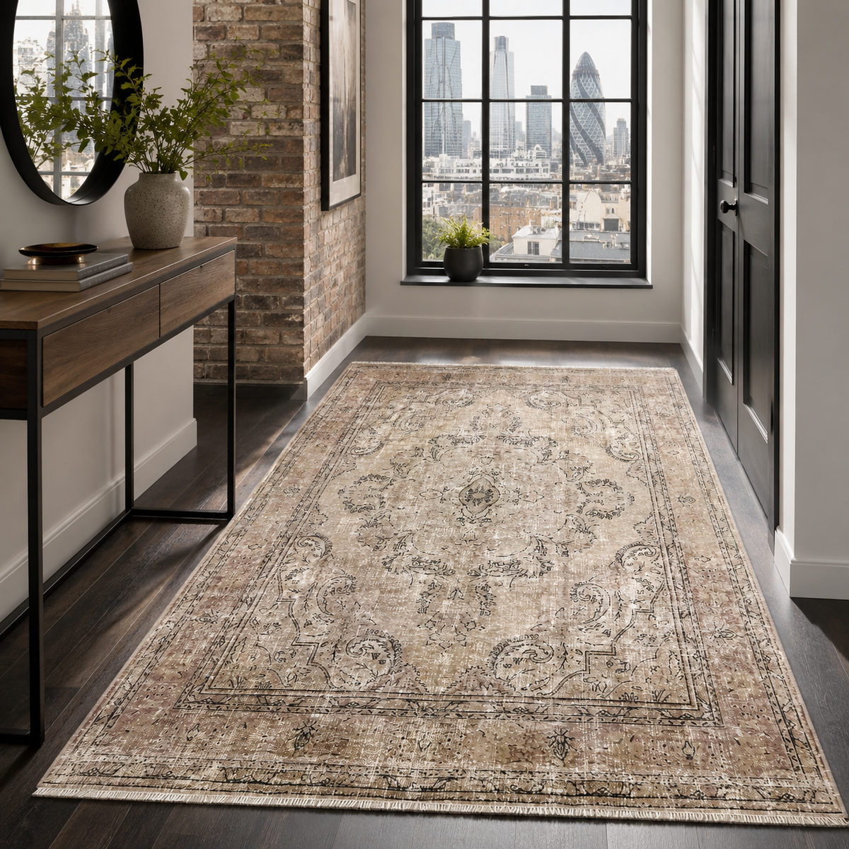 Tapis Ethnique Vintage Bleu Marine Lavable Camélia, vue 9