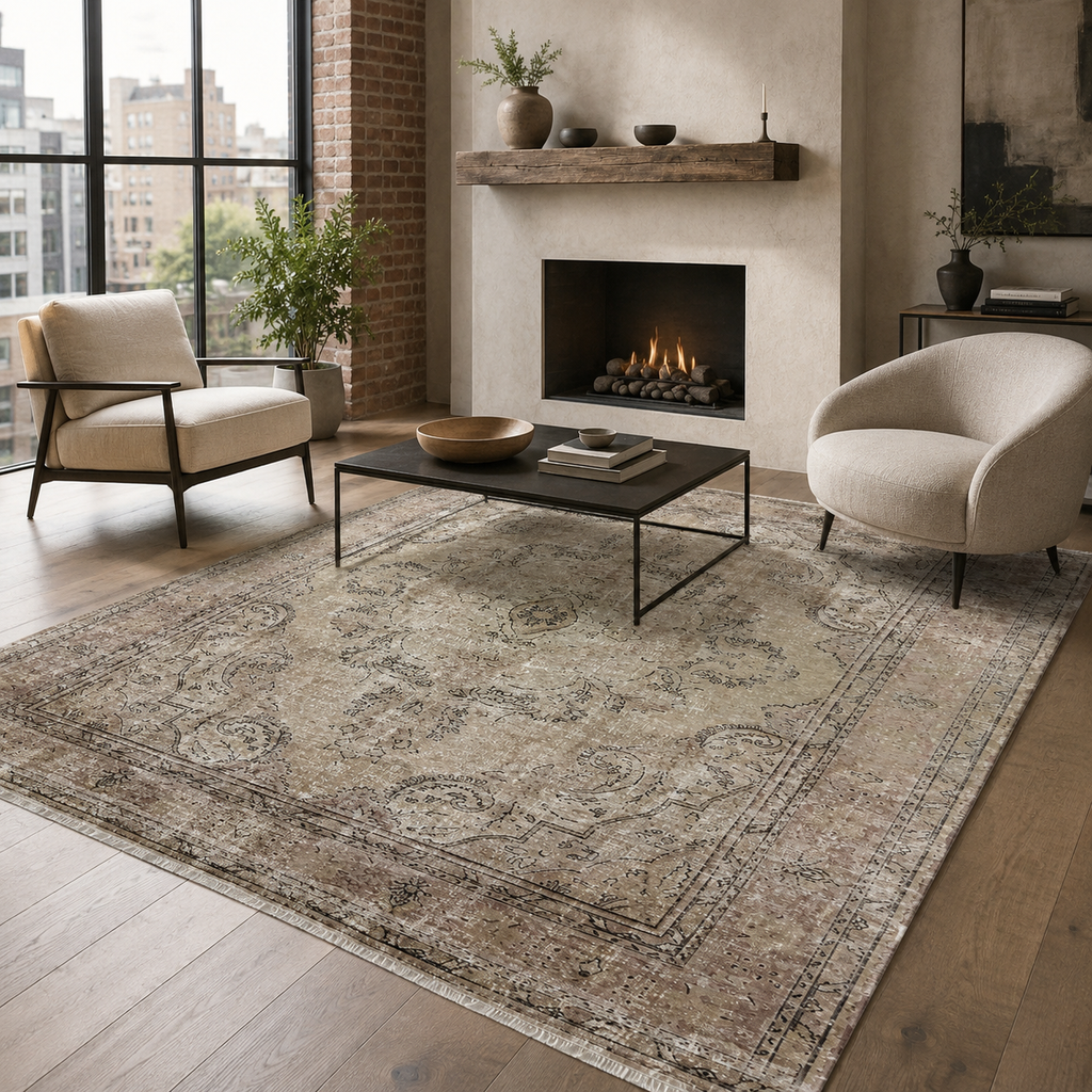 Tapis Ethnique Vintage Bleu Marine Lavable Camélia, vue 10