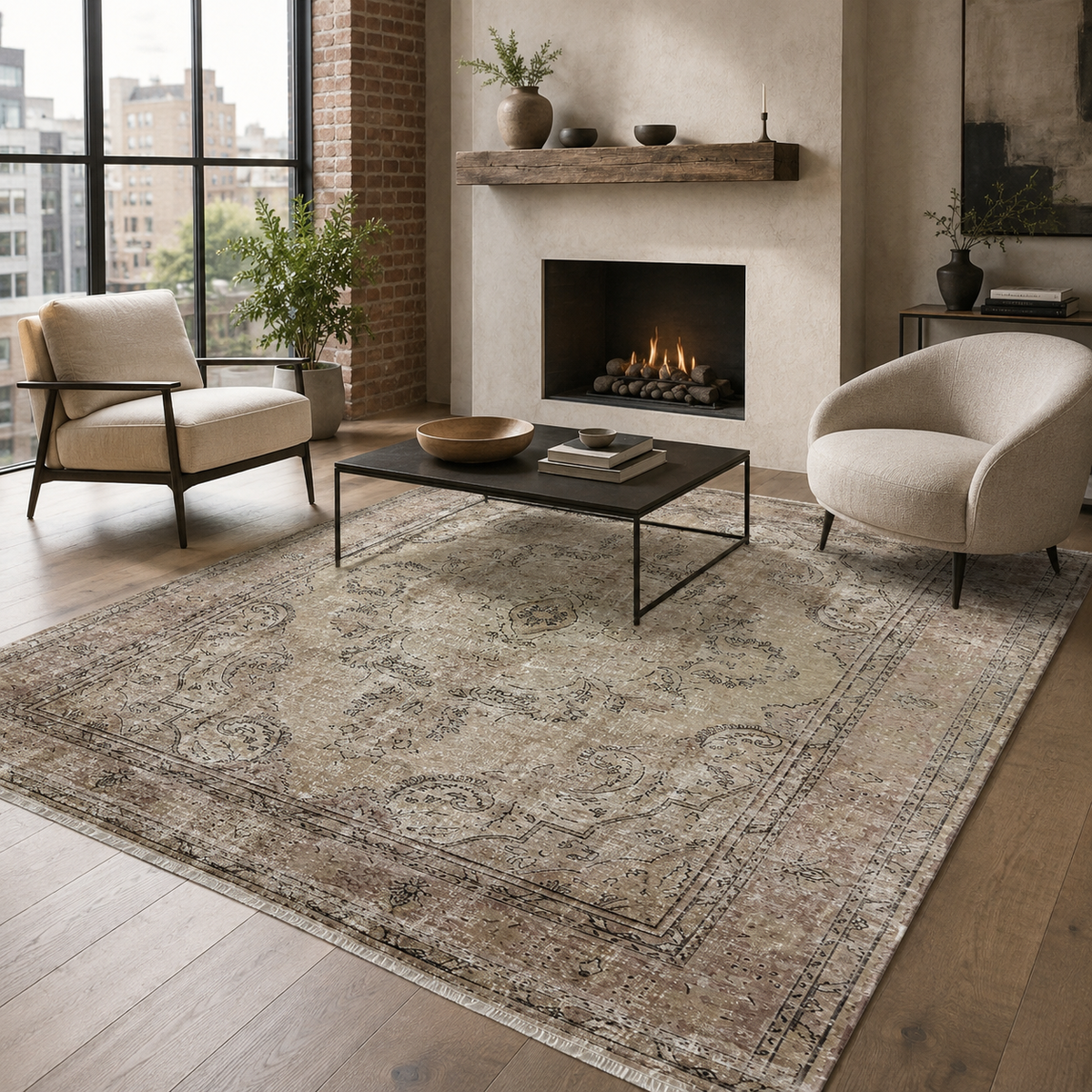 Tapis Ethnique Vintage Bleu Marine Lavable Camélia, vue 10