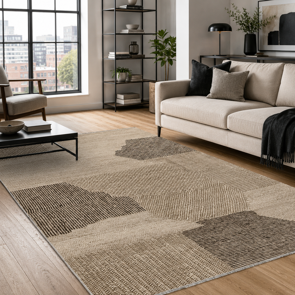 Détail du motif du tapis géométrique moderne bleu marine lavable Selena