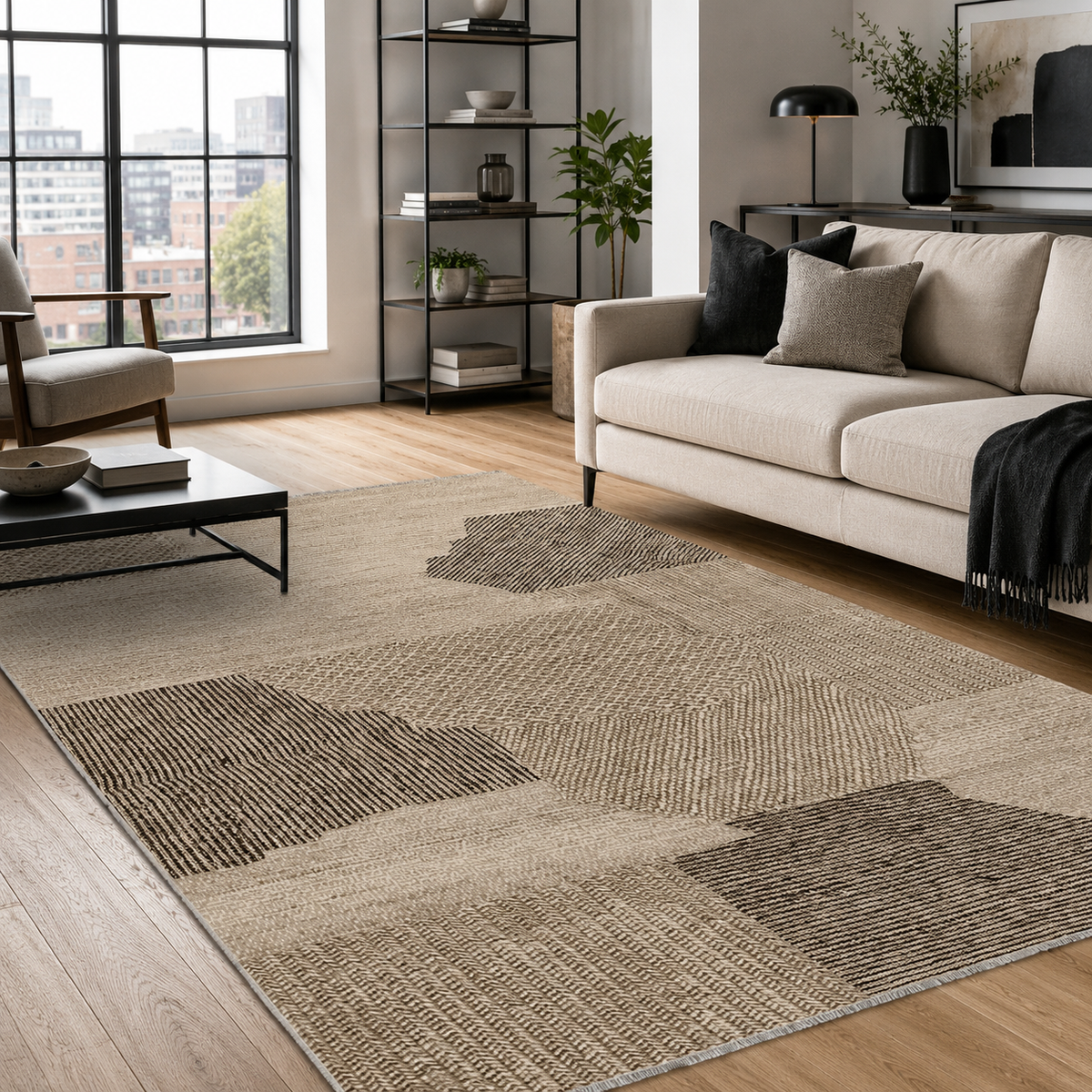 Détail du motif du tapis géométrique moderne bleu marine lavable Selena