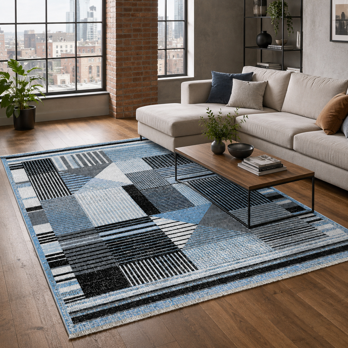 Tapis Moderne Bleu Marine Lavable Kaia, vue principale