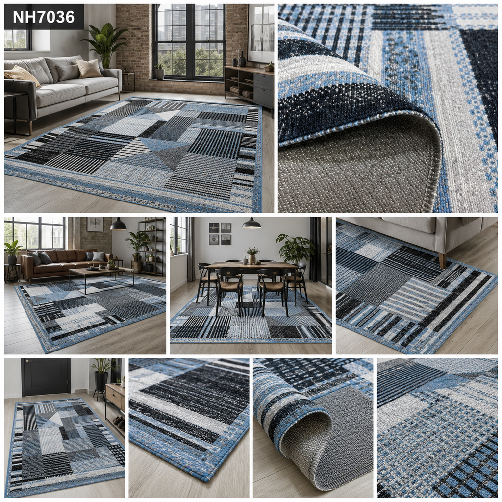 Détail du motif du tapis moderne bleu marine lavable Kaia