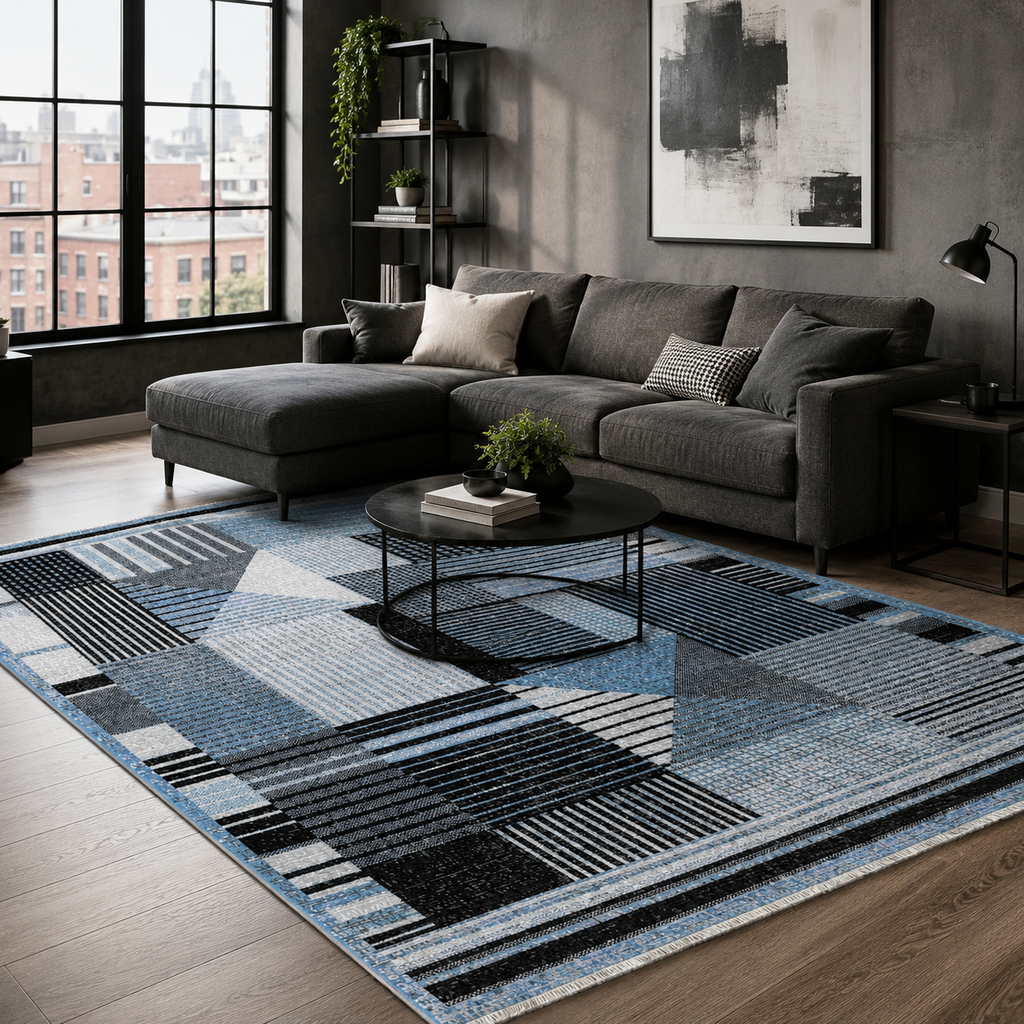 Tapis Moderne Bleu Marine Lavable Kaia, vue 3