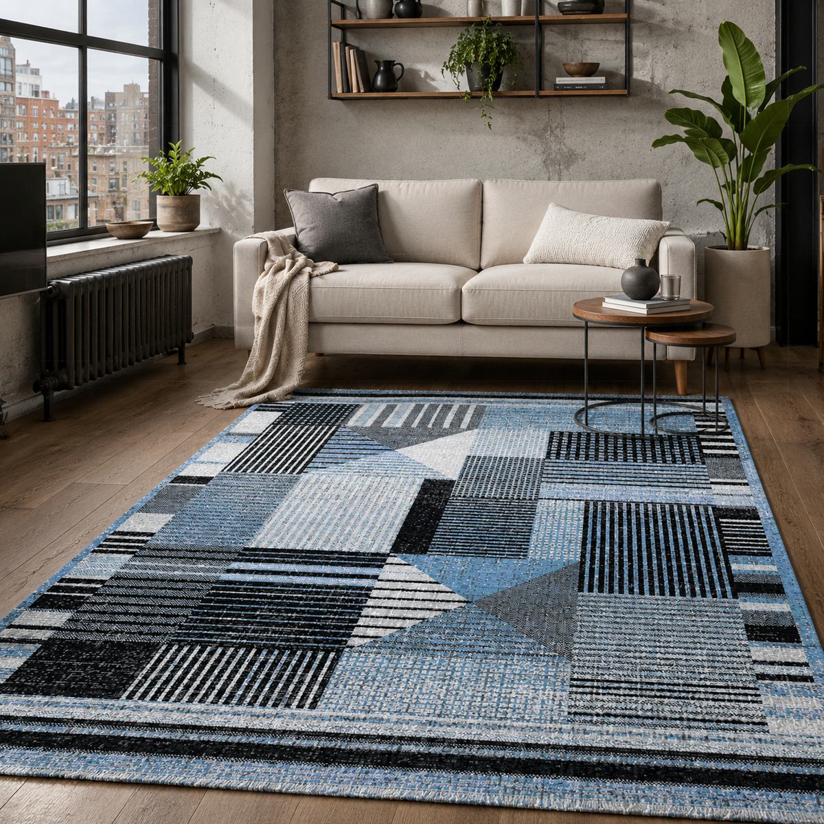 Tapis Moderne Bleu Marine Lavable Kaia, vue 8