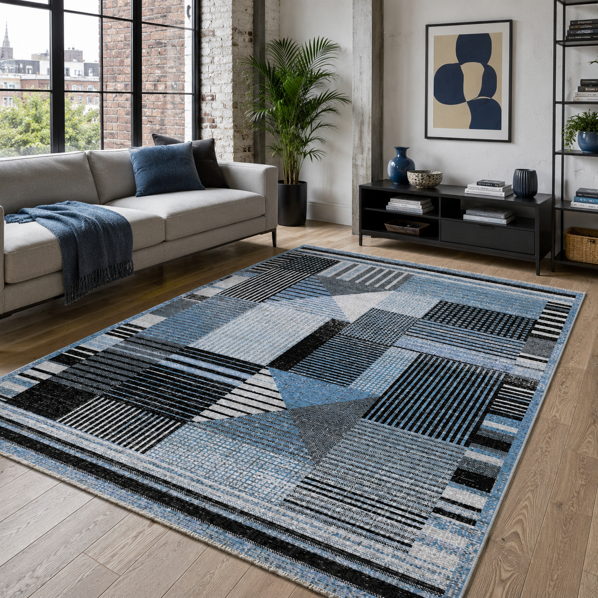 Tapis Moderne Bleu Marine Lavable Kaia, vue 9