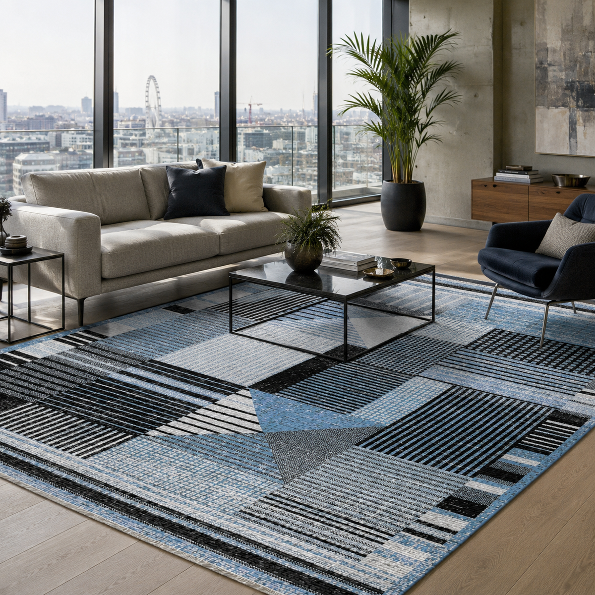Tapis Moderne Bleu Marine Lavable Kaia, vue 10