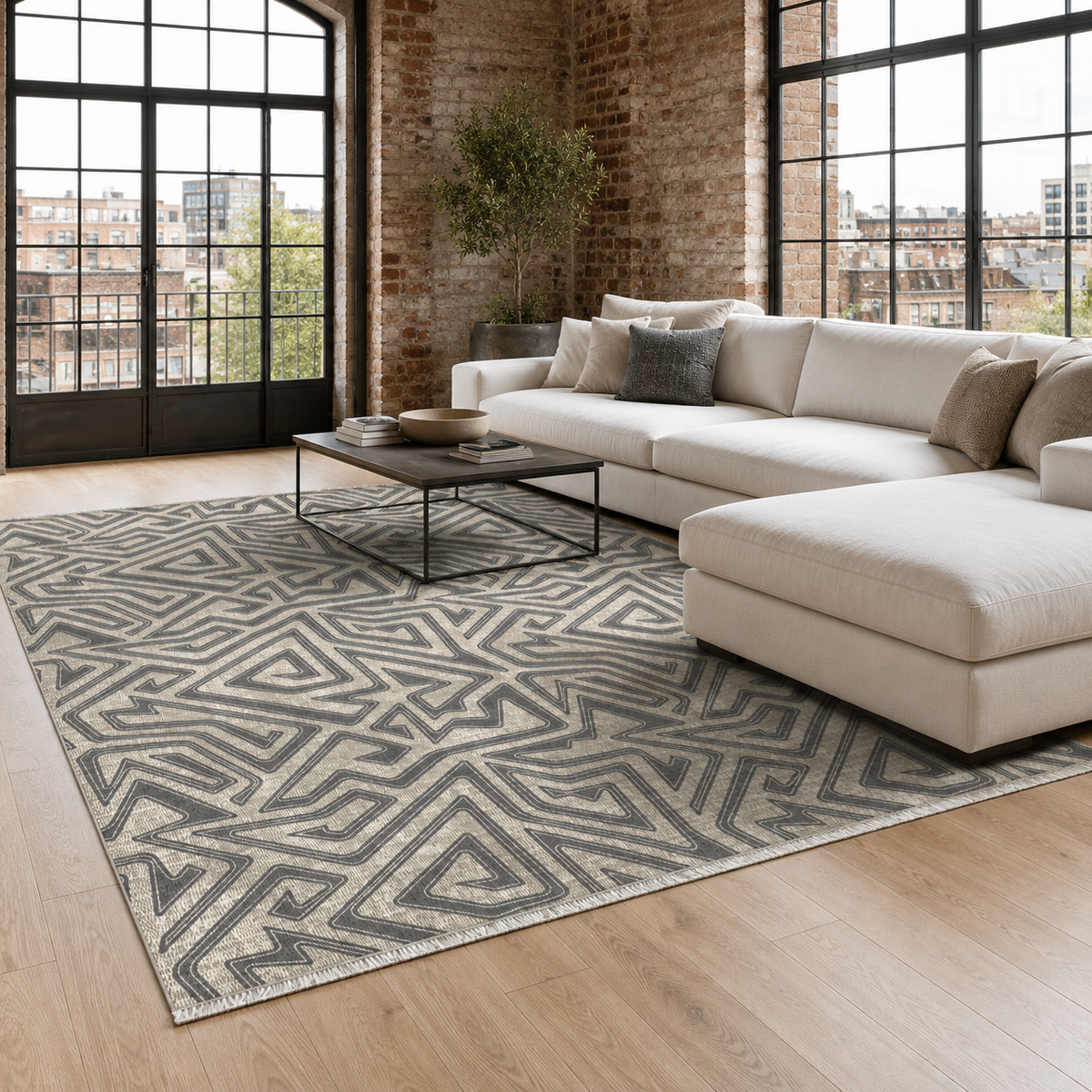 Tapis Géométrique Moderne Bleu Marine Lavable Hortense, vue principale