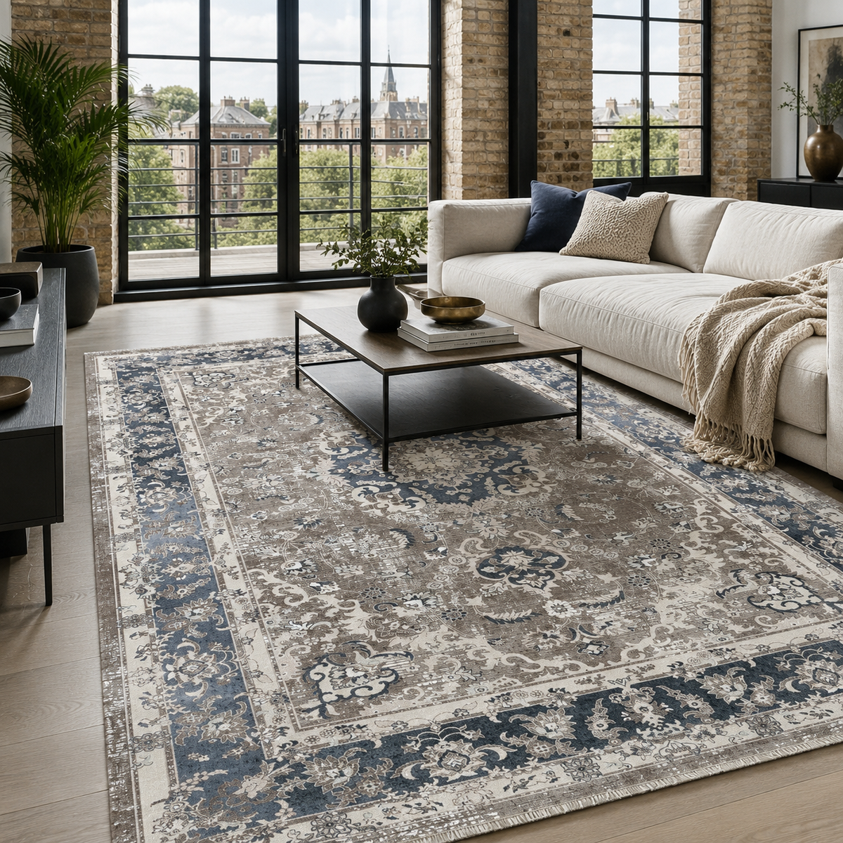 Tapis Géométrique Vintage Crème et Blanc Lavable Margaux, vue 3