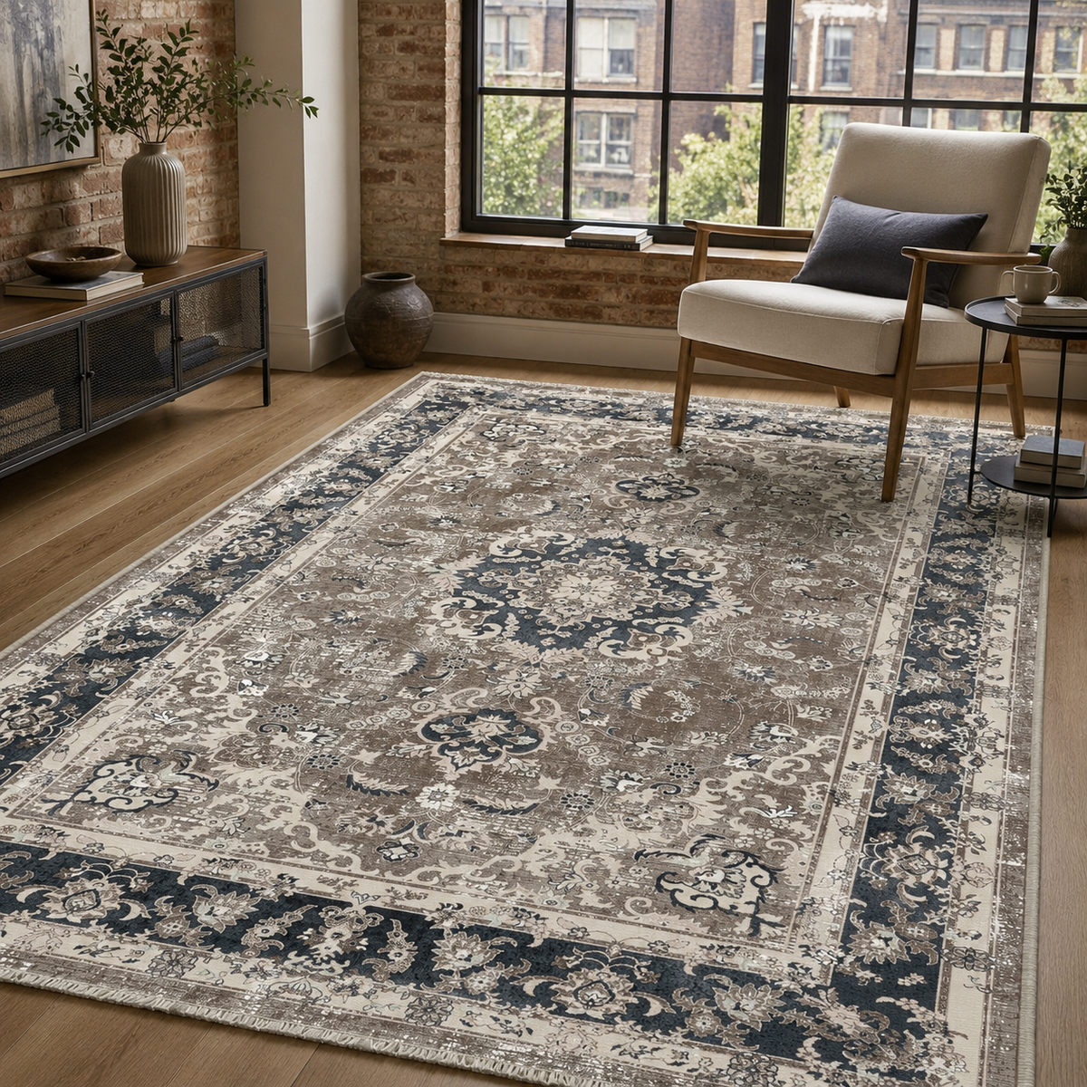 Tapis Géométrique Vintage Crème et Blanc Lavable Margaux, vue 6