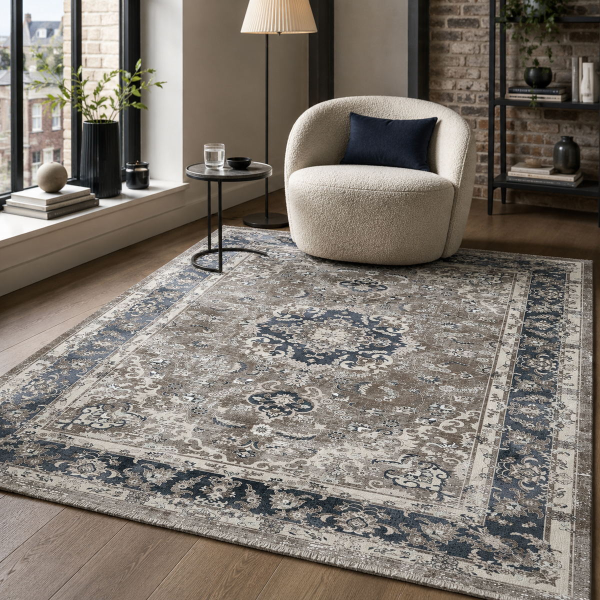 Tapis Géométrique Vintage Crème et Blanc Lavable Margaux, vue 9