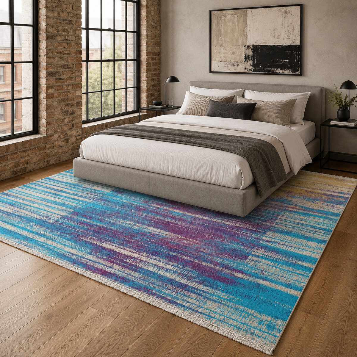 Détail du motif du tapis moderne bleu marine lavable Inès