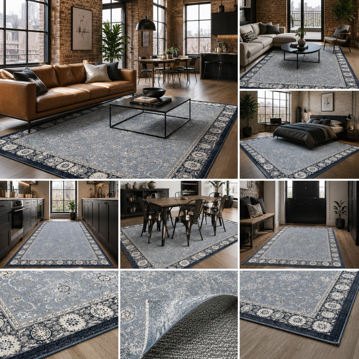 Tapis Ethnique Bleu Marine Lavable Pia, vue principale