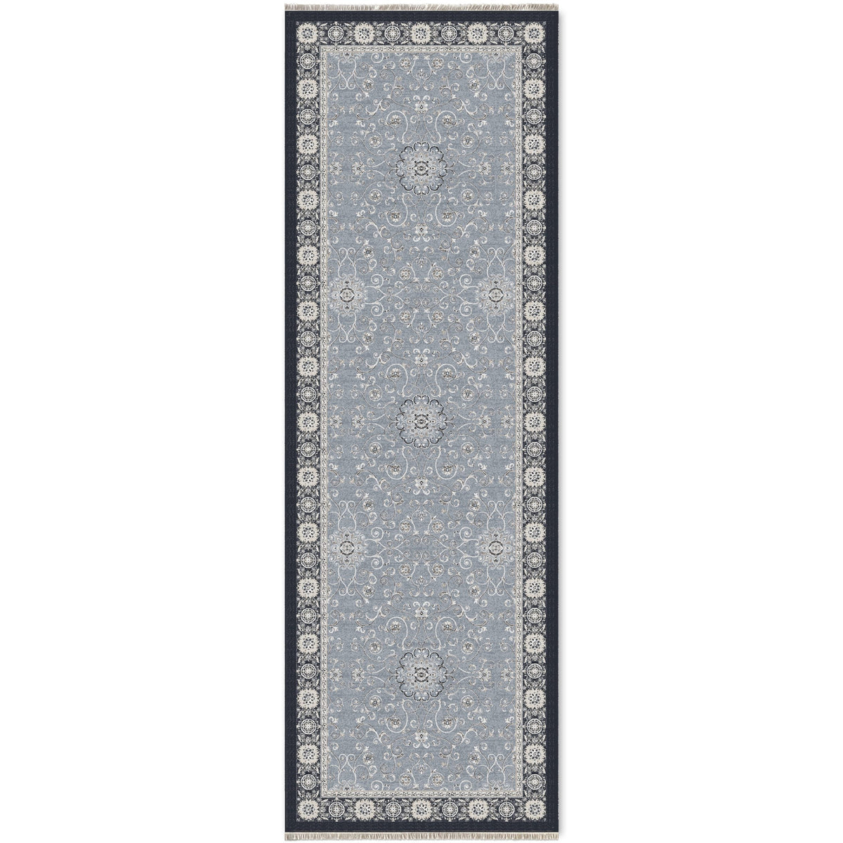 Détail du motif du tapis ethnique bleu marine lavable Pia