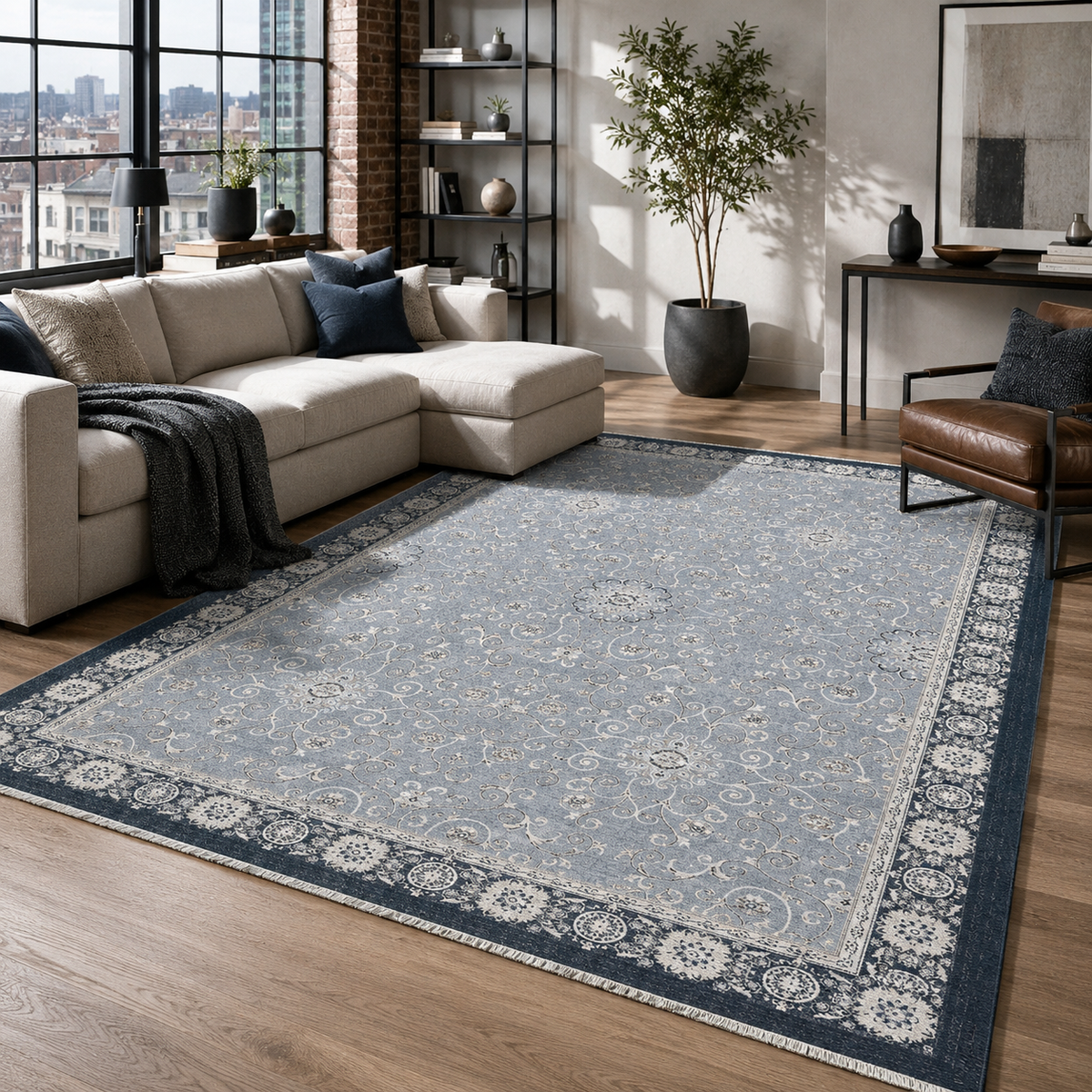 Tapis Ethnique Bleu Marine Lavable Pia, vue 4