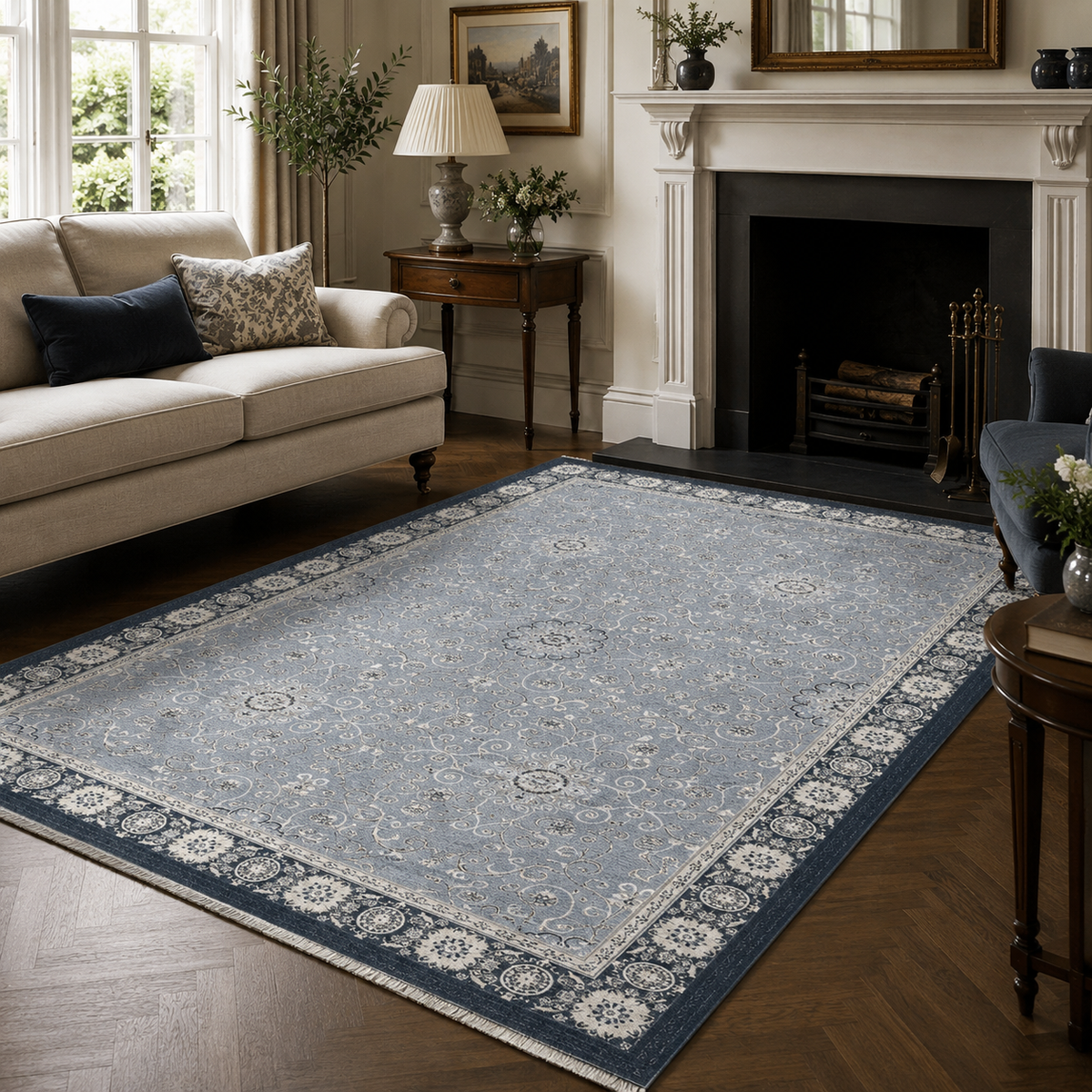 Tapis Ethnique Bleu Marine Lavable Pia, vue 5