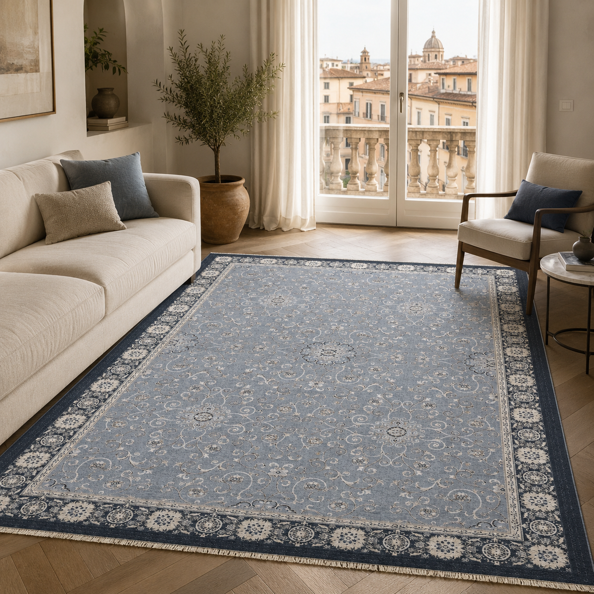 Tapis Ethnique Bleu Marine Lavable Pia, vue 6