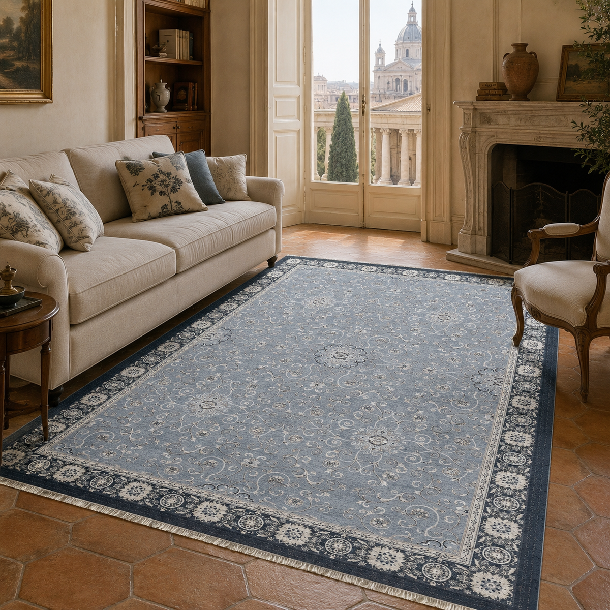 Tapis Ethnique Bleu Marine Lavable Pia, vue 7