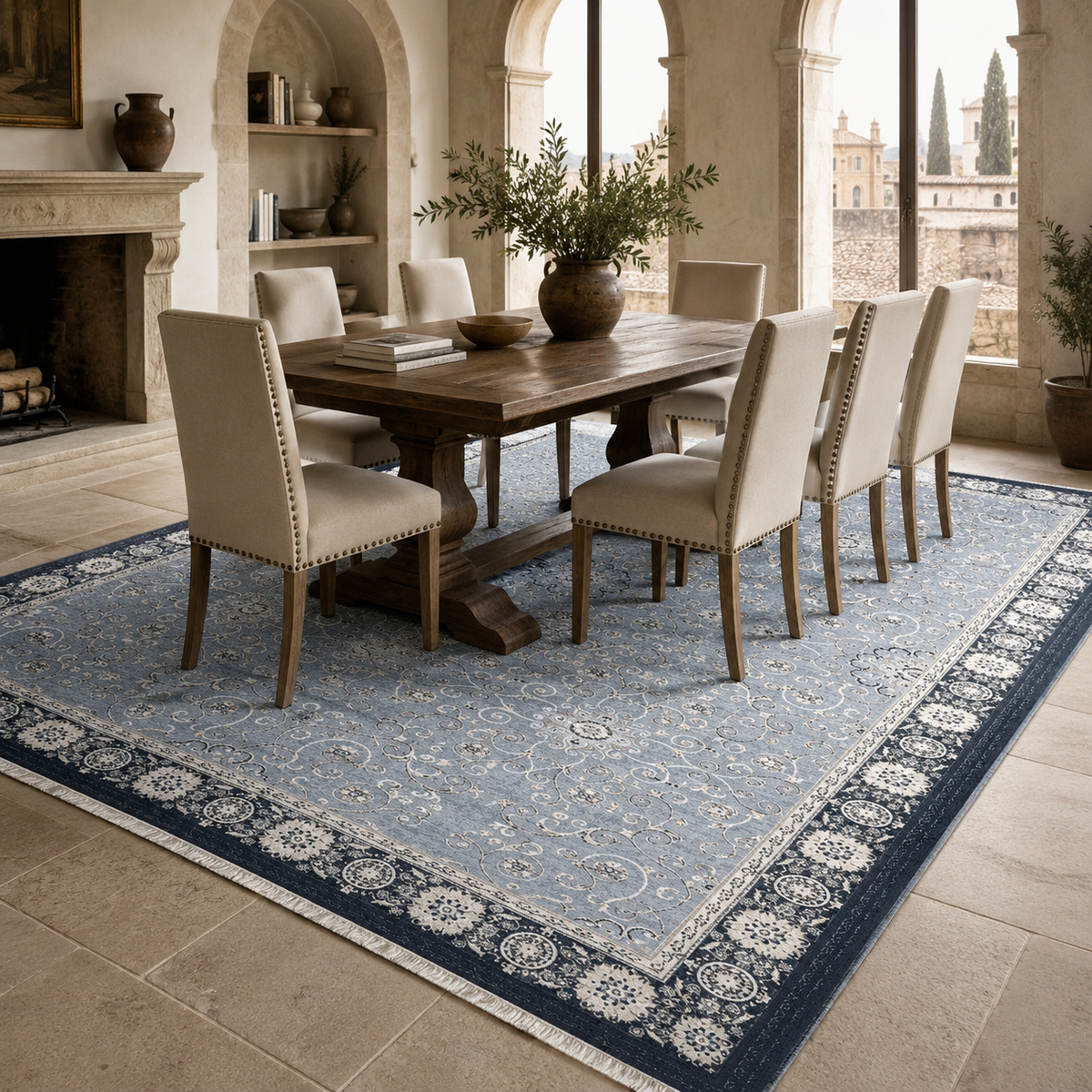 Tapis Ethnique Bleu Marine Lavable Pia, vue 8