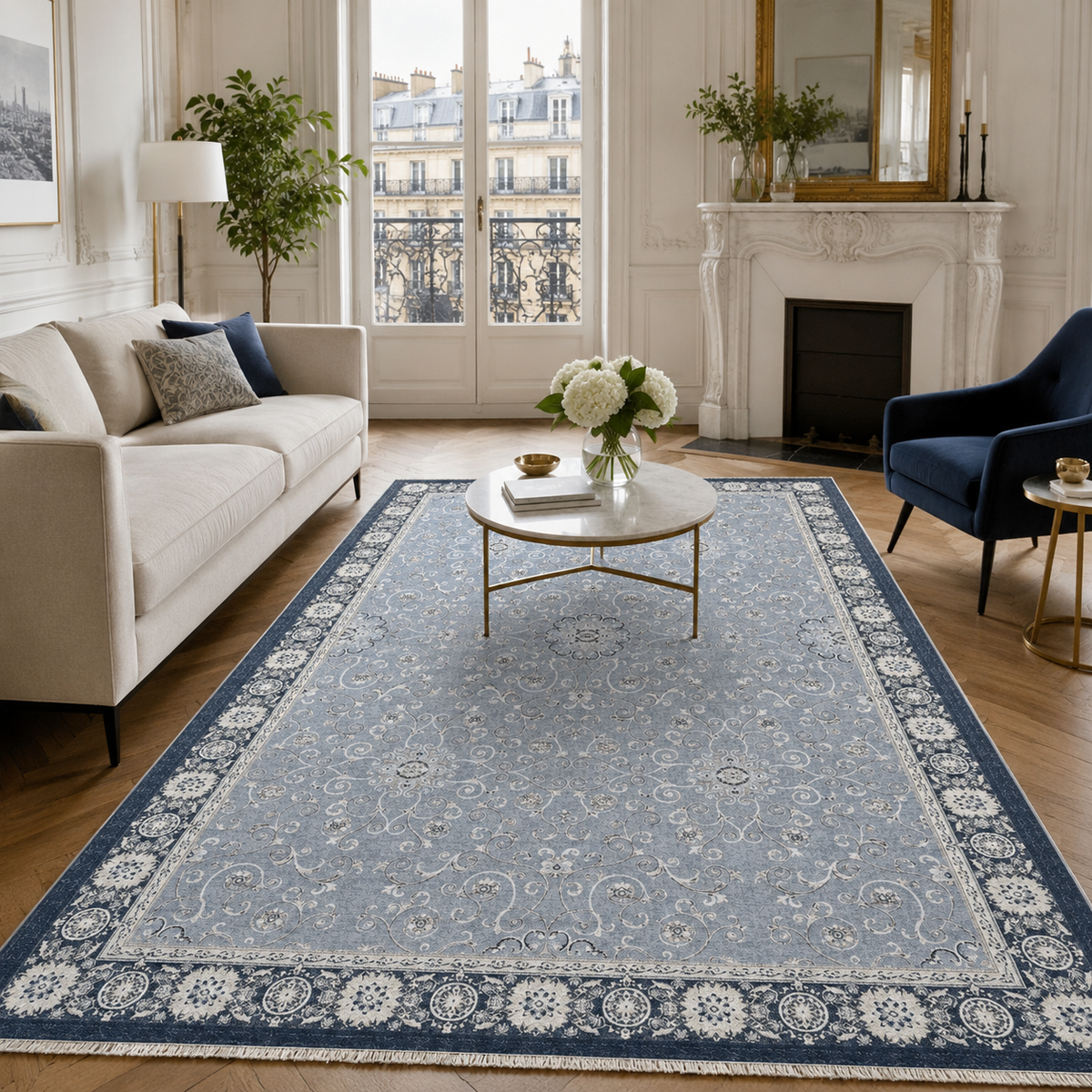 Tapis Ethnique Bleu Marine Lavable Pia, vue 9