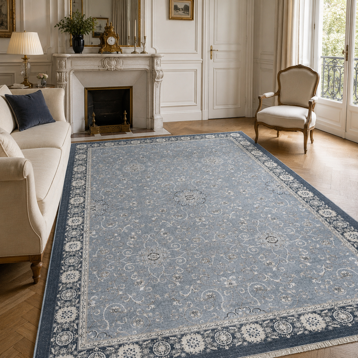Tapis Ethnique Bleu Marine Lavable Pia, vue 10