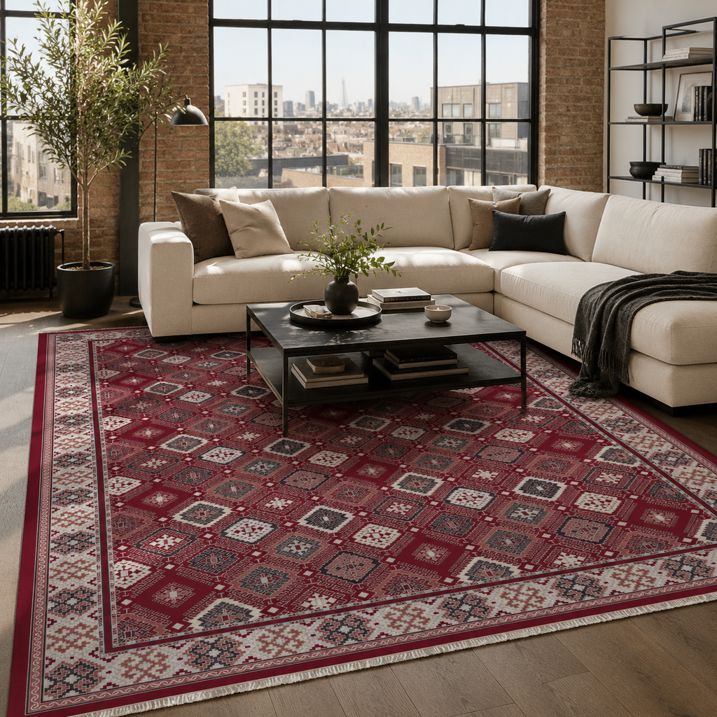 Tapis Ethnique Bordeaux Lavable Liv, vue principale