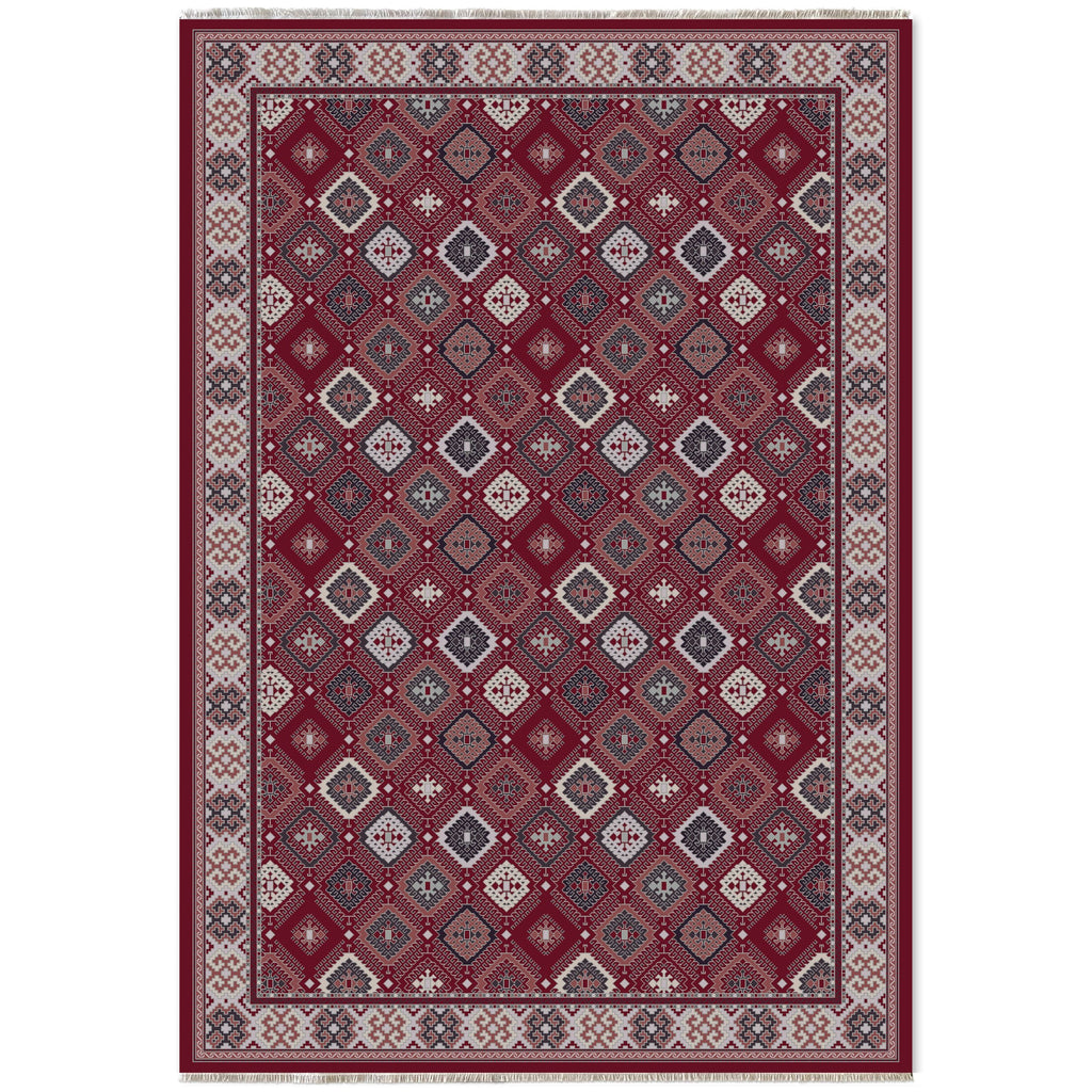 Détail du motif du tapis ethnique bordeaux lavable Liv