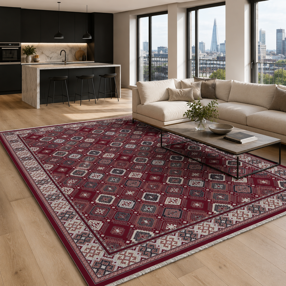 Tapis Ethnique Bordeaux Lavable Liv, vue 3